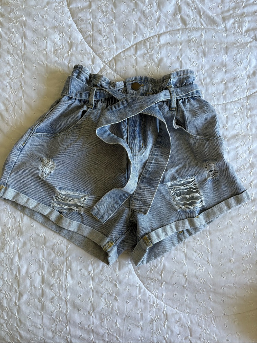 HYFVE Light Blue Distressed Paperbag Waist Denim Shorts with Belt
